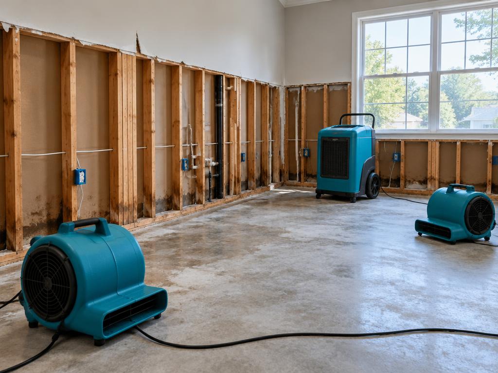 Professional drying equipment in a room undergoing water damage remediation